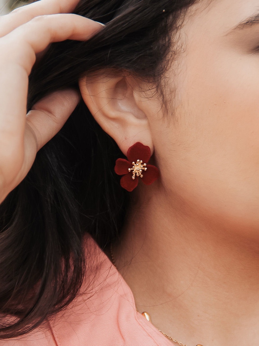 Burgundy Velvet Flower Statement Earrings